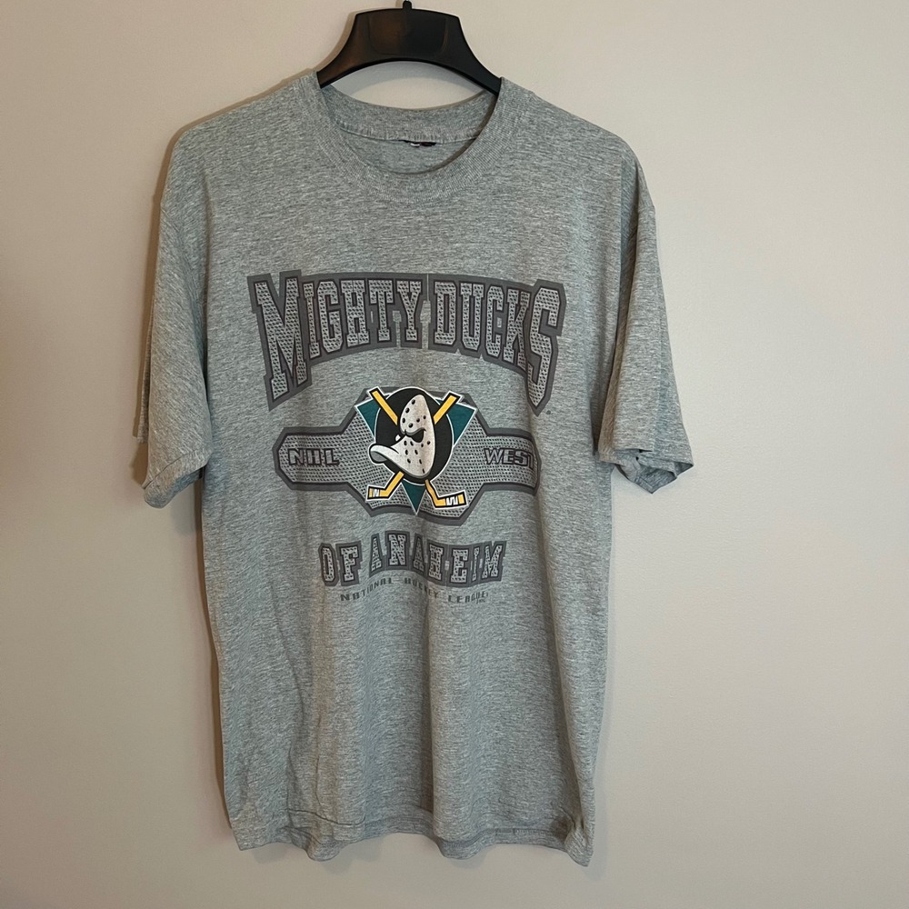 Vintage 90's Mighty Ducks of Anaheim NHL West Graphic T-Shirt Heather Gray XL